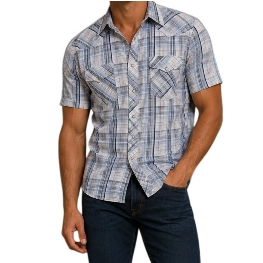Roper Western Mens Shirt M Blue‎ Plaid Short Sleeve Pearl Snap Shirt